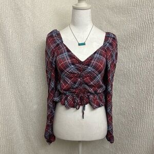 Just Polly Flannel Shirt Crop Top Plaid Large Purple Pink Ruffle Long Sleeve